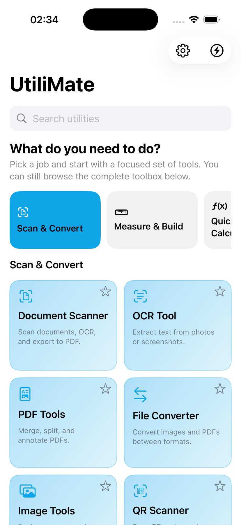 UtiliMate on iPhone showing job-based Scan and Convert tools
